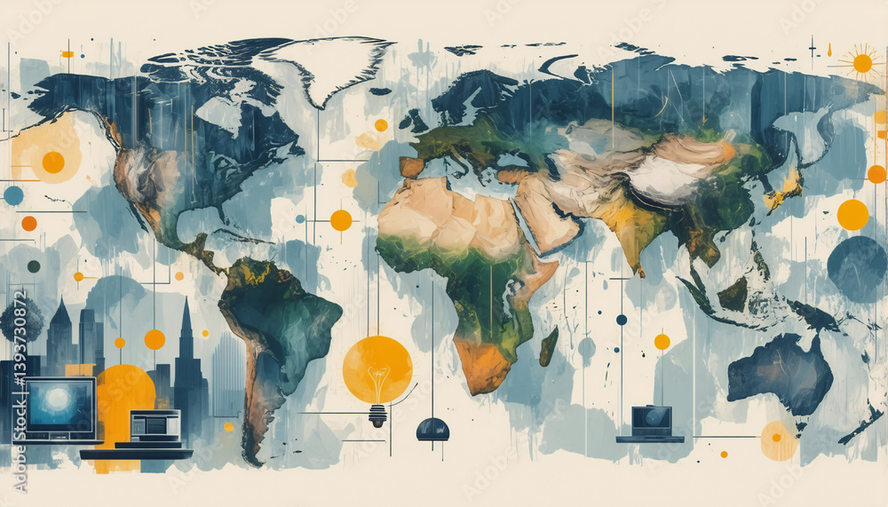 Poster a watercolor world map with interconnected computers symbolizes global digital networks and communic