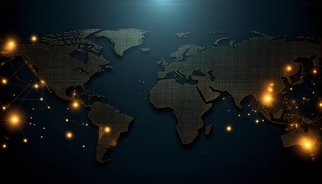Fototapeta Global network illustration of world map with glowing connections across continents. Light points highlight major areas on dark textured background.