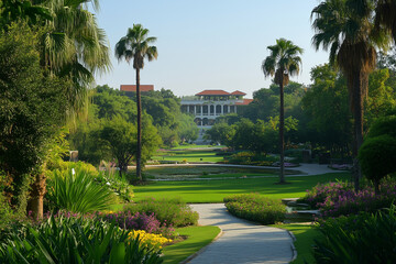 Obraz premium Pathway through a beautifully landscaped garden leading to a grand building