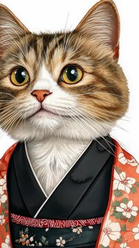 Cat in traditional Japanese outfit, white background