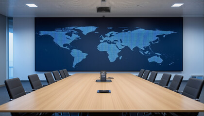 A modern conference room features a long wooden table, surrounded by black chairs, facing a blue wall displaying a world map. A projector is mounted on the ceiling.