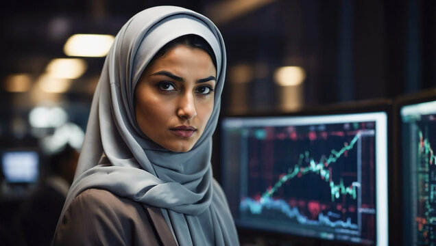 A determined woman in a hijab, intently observing financial data.Professional woman, analyzing financial charts in a modern office.