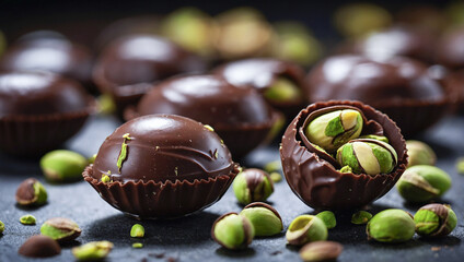 Rich, dark chocolate truffles, each a miniature masterpiece, showcasing pistachios nestled within.Handcrafted chocolate bonbons, filled with fresh pistachios, arranged on a dark surface.