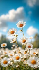 Fototapeta premium Daisies in a field under a vibrant sky