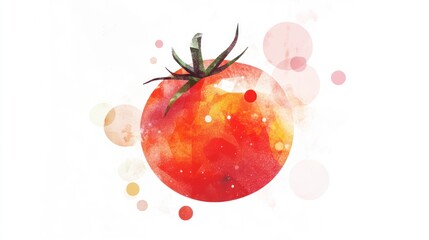 Watercolor illustration of a vibrant tomato.  A single, round tomato, rendered in soft watercolor style, with splashes of color and light.  Delicate, abstract background elements enhance the image