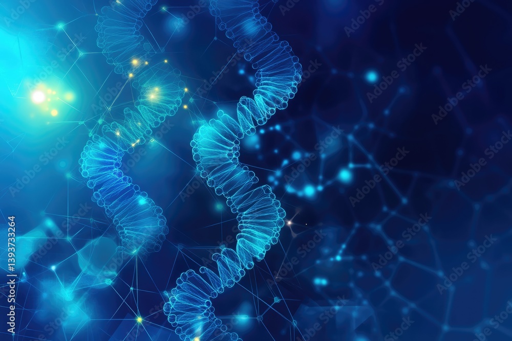 Poster abstract representation of dna double helix structure, glowing blue, interconnected network.