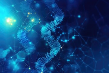 Abstract representation of DNA double helix structure, glowing blue, interconnected network.