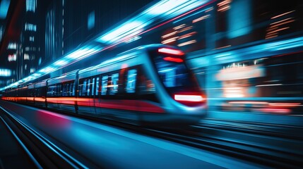 Fototapeta premium Sleek monorail glides through a futuristic cityscape, embodying advanced urban mobility and innovation.