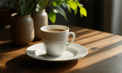 Obraz premium A white cup of coffee rests on a saucer, placed on a wooden table. Soft sunlight illuminates the simple scene, with vases and green leaves in the blurred background.
