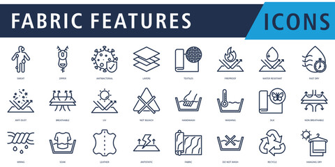 Fabric Features Icon Set Outline Style with sweat, zipper, antibacterial, layers, textiles, fireproof, water resistant, fast dry, anti dust and breathable
