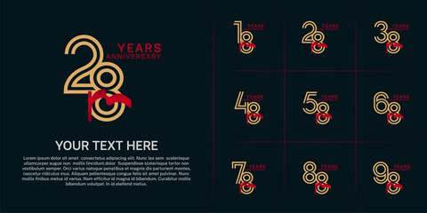 Anniversary logo type set with double line number. golden color and red ribbon for celebration event