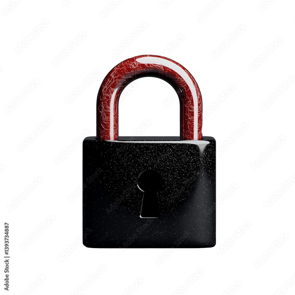 Poster glossy red padlock with shiny black base on transparent background