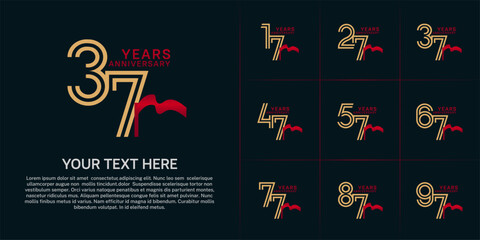 Anniversary logo type set with double line number. golden color and red ribbon for celebration event