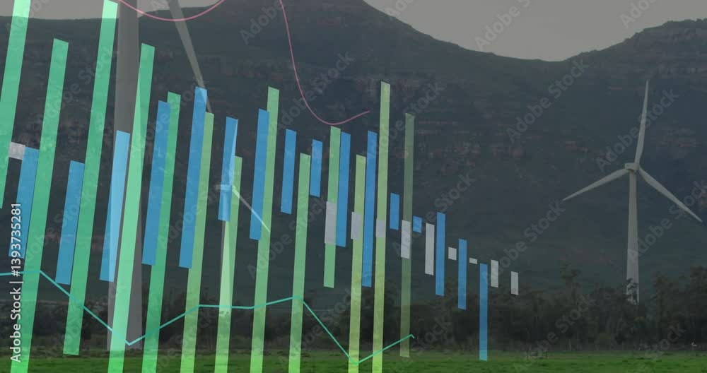 Poster animation of colorful data graphs with wind turbines over mountainous landscape