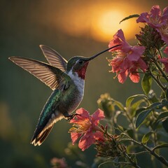 Fototapeta premium Photograph a hummingbird feeding at sunrise
