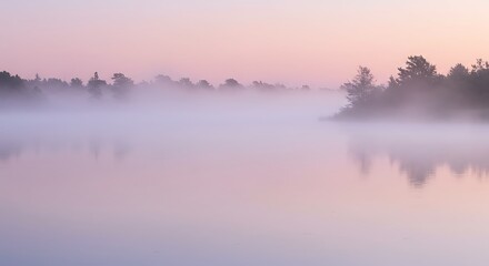 Fototapeta premium Misty Dawn over Serene Lake and Trees