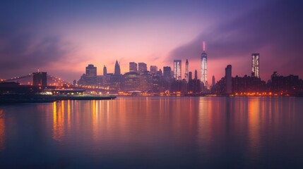 Fototapeta premium Blurred New York City skyline at sunrise/sunset over water