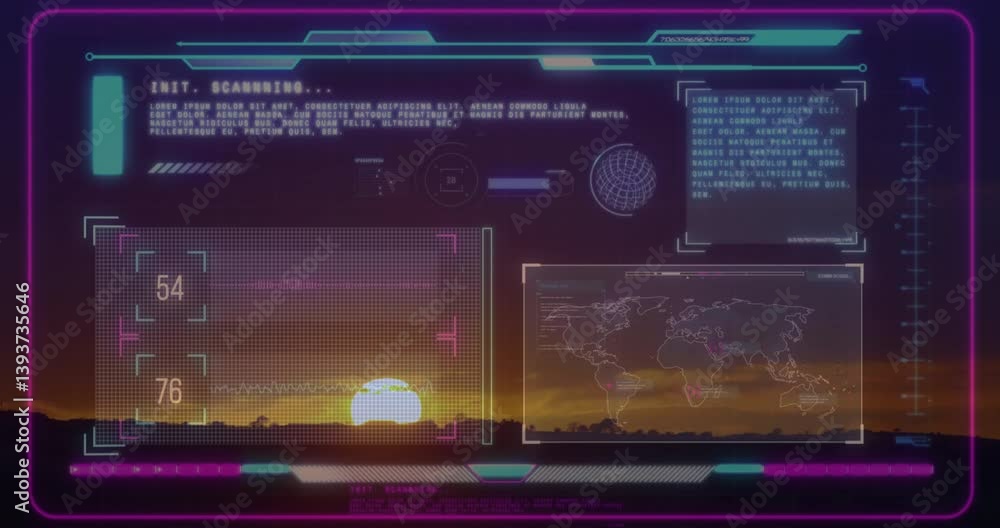 Poster animation of futuristic scanning interface with digital world map at sunset