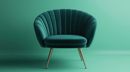 Green Velvet Chair in Minimalist Studio Setting, Showcasing Modern Elegance and Simplicity