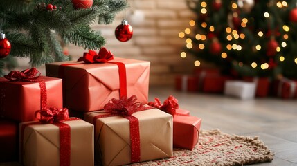 Christmas presents under decorated tree.