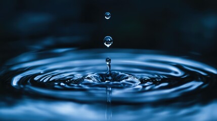 A close-up view of a water droplet creating ripples on a serene blue surface. capturing the moment of impact with soft reflections in the background. ideal for nature-themed projects