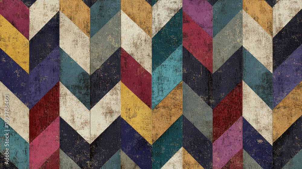 Poster a vibrant geometric pattern featuring colorful chevron shapes in red. blue. yellow. and teal. creati