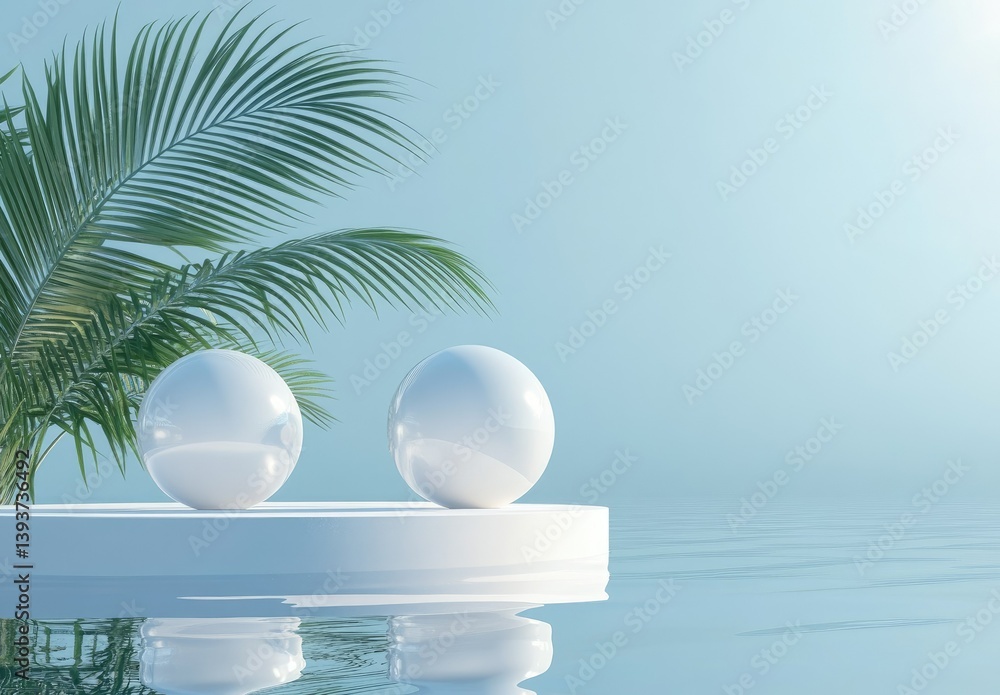 Poster a serene minimalist scene featuring a smooth white sphere balanced on a circular platform. surrounde