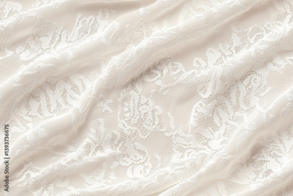Poster seamless delicate lace fabric with intricate floral patterns in soft white tones, showcasing the tex
