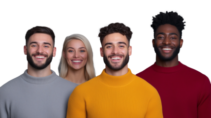Group of smiling young adults in colorful sweaters on transparent background