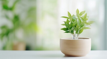 Fototapeta premium Small potted plant on a table in a bright, airy room