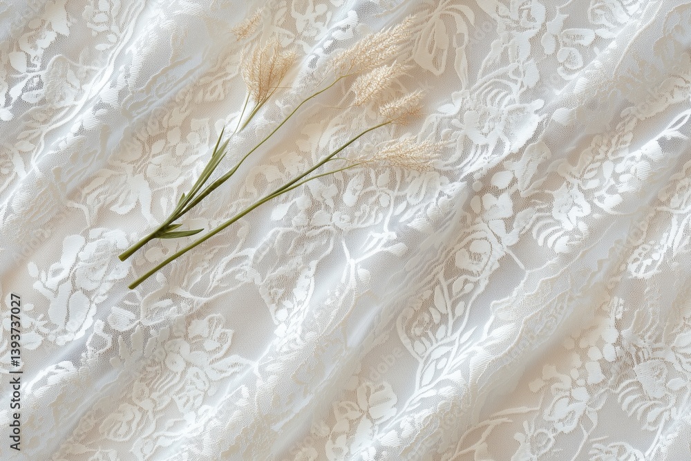 Poster a delicate white lace fabric with floral patterns, featuring soft textures and a subtle sheen. a spr