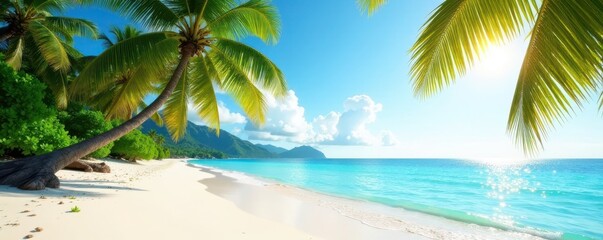 Sun-drenched palms, white sand beach panorama, waves, paradise beach, caribbean