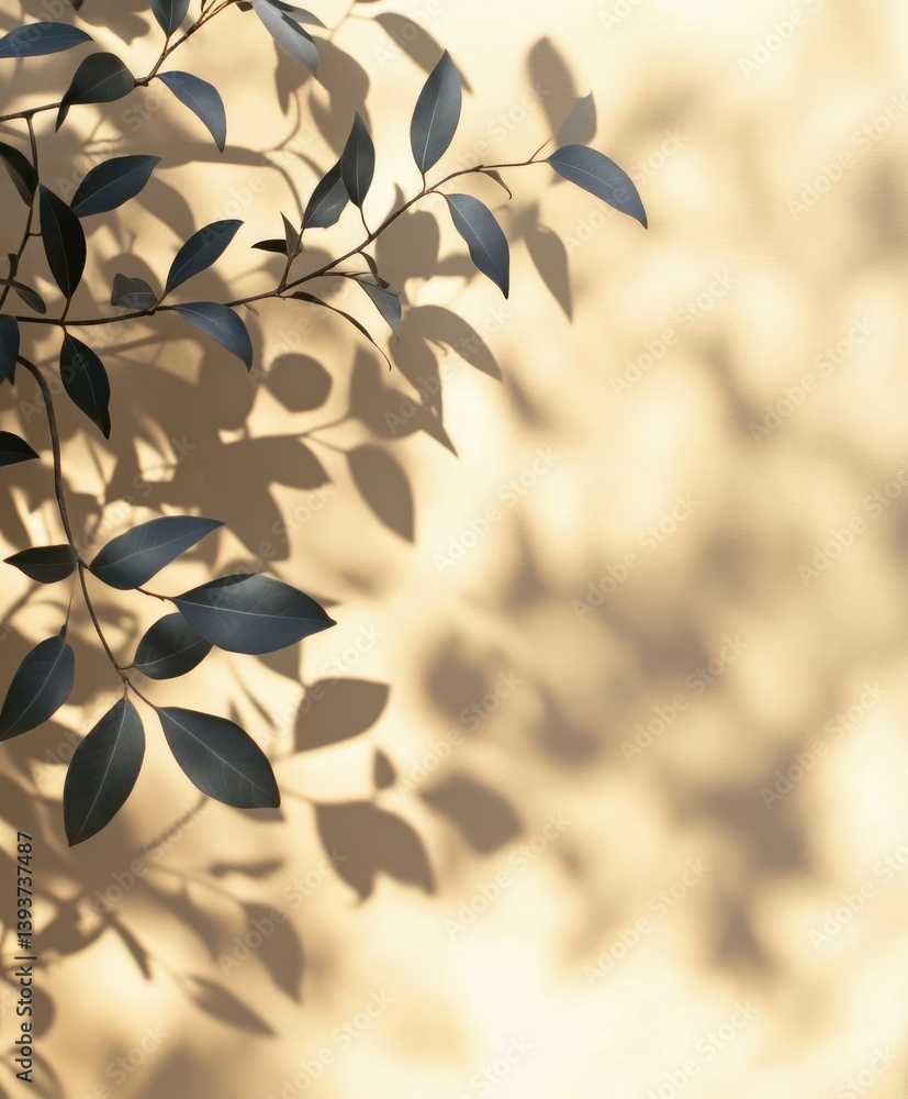 Poster a soft. neutral-toned background featuring delicate leaves casting gentle shadows. creating a serene