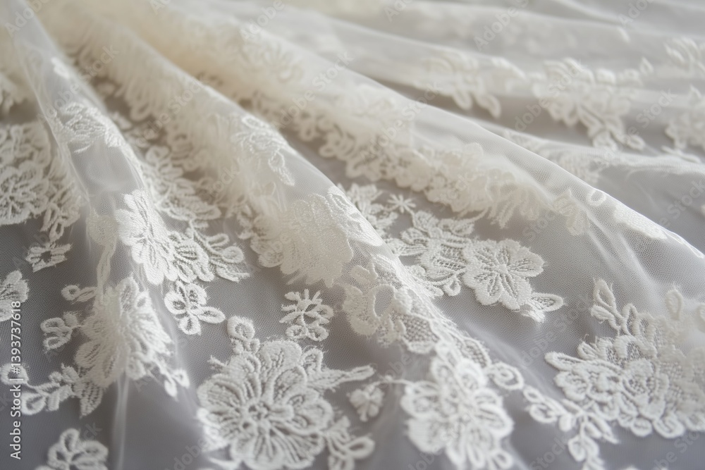 Poster delicate white mesh lace fabric with intricate floral patterns, showcasing the texture and design de
