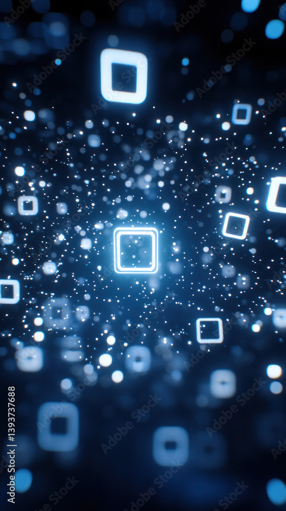 Poster a blue background with many squares and a square in the middle. the squares are all different sizes 