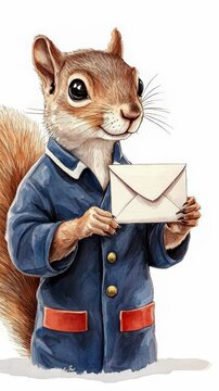 Squirrel in a suit holding an envelope.