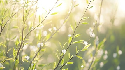 Delicate Willow Branches with Fresh Green Leaves, Soft Sunlight, Blurred Spring Blossoms, Serene Natural Scene