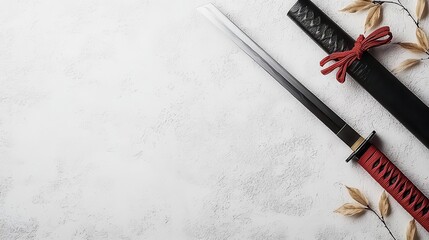 Sleek Japanese katana with a black sheath, red silkwrapped hilt, and a razorsharp edge, isolated on white