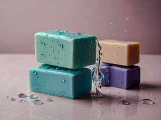 Soap in pastel tones with water droplets as accents.