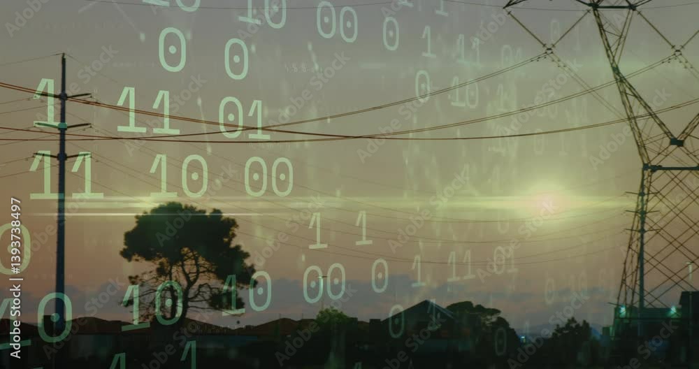 Poster binary code animation over sunset landscape with power lines and trees