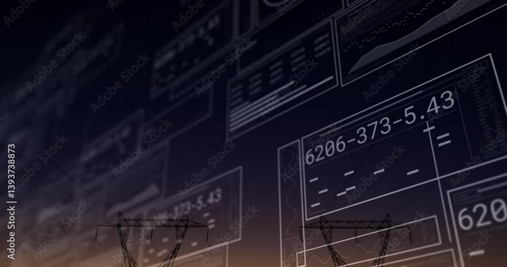Aufkleber power lines with digital data animation overlaying against twilight sky