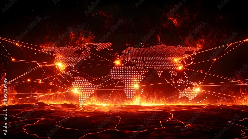 Poster a fiery world map engulfed in flames, with a network of glowing lines connecting various points acro