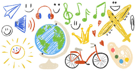 Chalk pencil textured big collection. Sketch kids hand drawn elements set. Earth globe, airplane, bicycle, headphones, megaphone, music notes, treble clef, crown. School isolated vector illustration