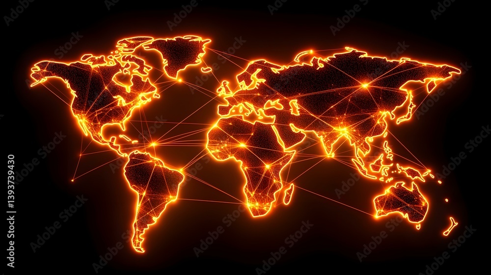 Poster the image shows a world map depicted as a network of interconnected nodes and lines, glowing orange 