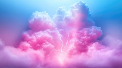 Naklejka premium Vibrant clouds with lightning. A striking display of pink and blue clouds, filled with a powerful lightning bolt