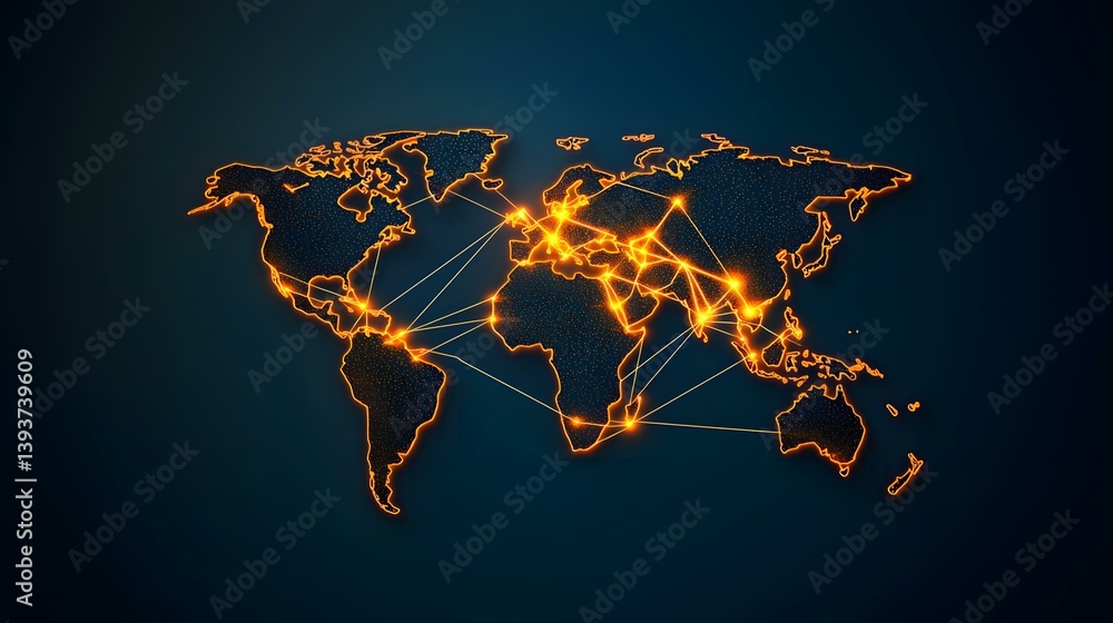 Poster the image shows a stylized world map with glowing orange lines connecting various points across the 