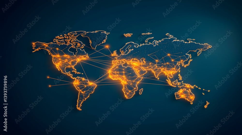 Poster the image shows a world map represented as a network of interconnected nodes and lines, glowing oran