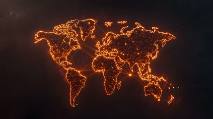 A glowing orange outline of the world map, with connecting lines representing global networks, is set against a dark background.