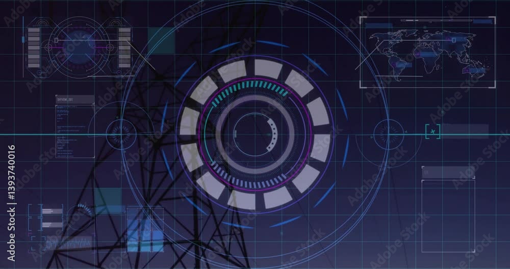 Poster animation of futuristic digital interface with circular graphics and world map