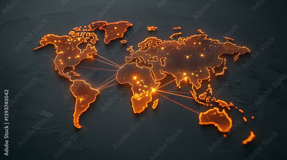 Poster a glowing orange, three-dimensional world map with illuminated nodes and connecting lines, illustrat
